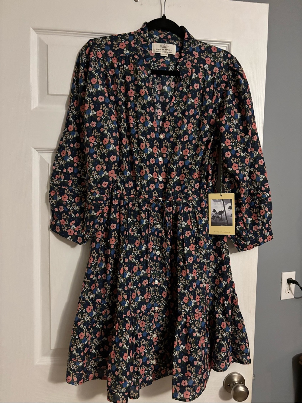 Trovata Navy Floral Button-Front Dress with Pink Blossoms